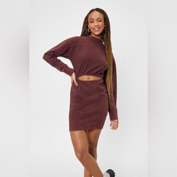 Nasty Gal Cut Out Fitted Sweatshirt Dress Size 2 Chocolate - Picture 2 of 16